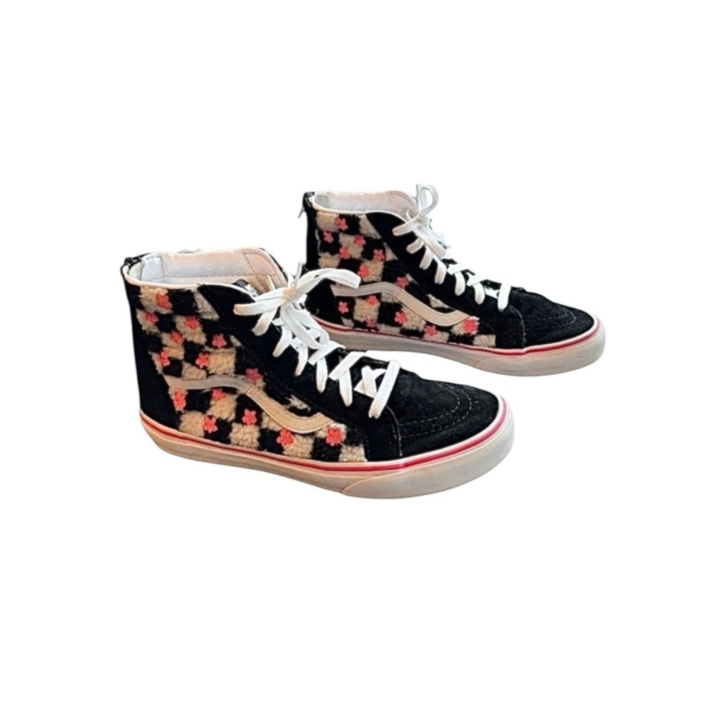 Vans Sk8-Hi High Top Sneakers Black White‎ Pink Floral Checkerboard Sherpa Zip